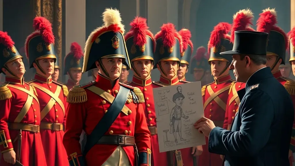 Retrato realista de Napoleón Bonaparte junto a soldados de la Guardia Imperial, destacando la diferencia de altura como un engaño visual.