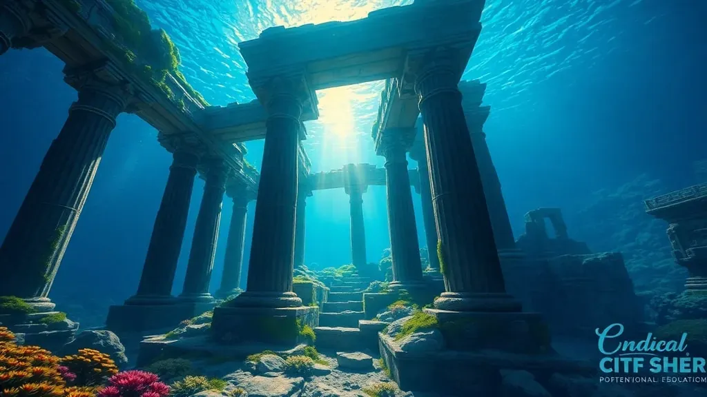Ruinas de una antigua ciudad de piedra sumergida bajo las profundidades del océano con luz solar filtrándose a través del agua azul.