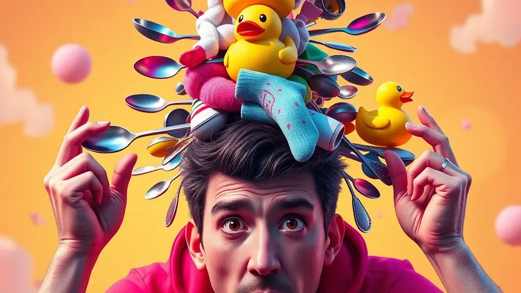 Un hombre equilibrando objetos absurdos sobre su cabeza en un estilo artístico vibrante y moderno, representando la cultura de los récords inútiles.