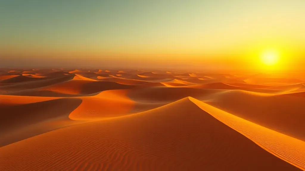 Un desierto vasto con dunas doradas bajo un sol de atardecer, mostrando la belleza y el misterio del fenómeno de las dunas cantoras.