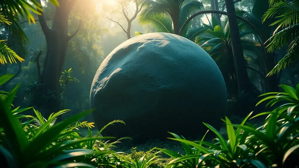 Una enorme esfera de piedra perfectamente redonda situada en medio de un bosque tropical, rodeada de vegetación exuberante y luz filtrada por las hojas.
