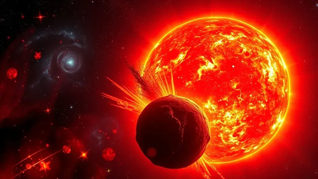 Una gigante roja brillante absorbiendo un planeta rocoso en el espacio profundo rodeada de polvo estelar.