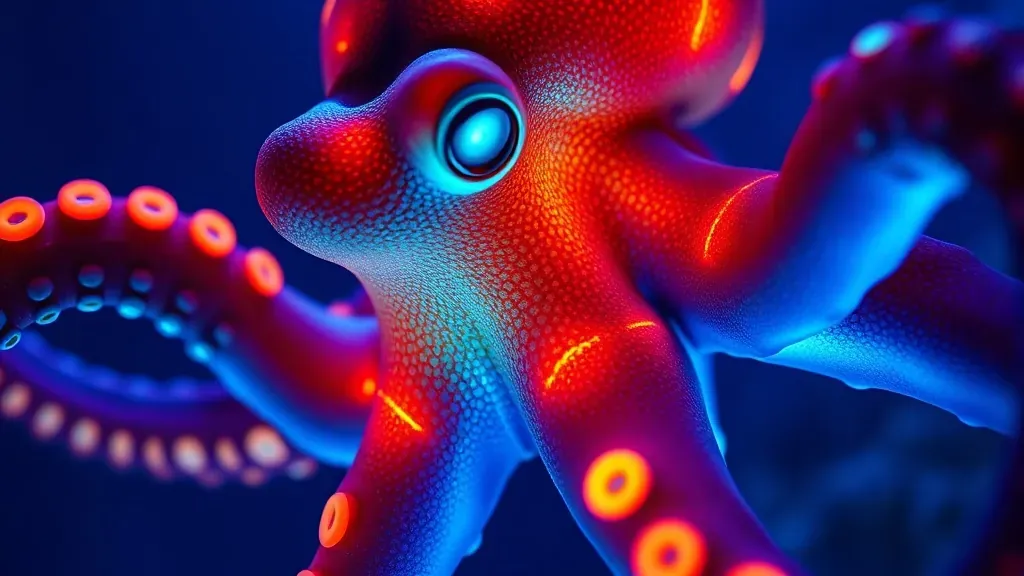 Un pulpo nadando en el océano profundo con detalles bioluminiscentes en su piel, representando la edición genética.