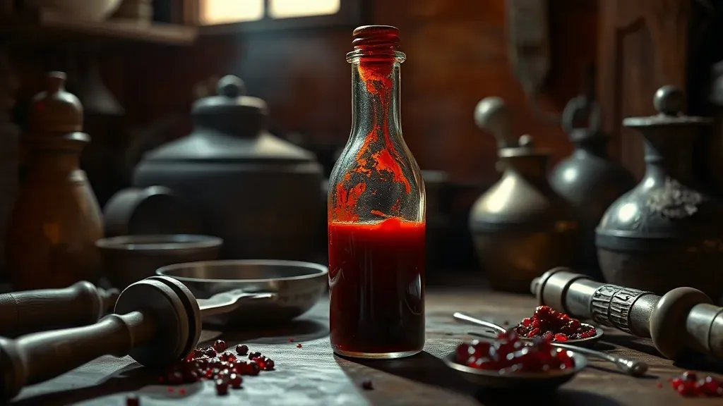 Una botella de vidrio antigua sobre una mesa de madera rústica conteniendo ketchup, rodeada de ingredientes antiguos como tomates y especias, estilo cinematográfico.