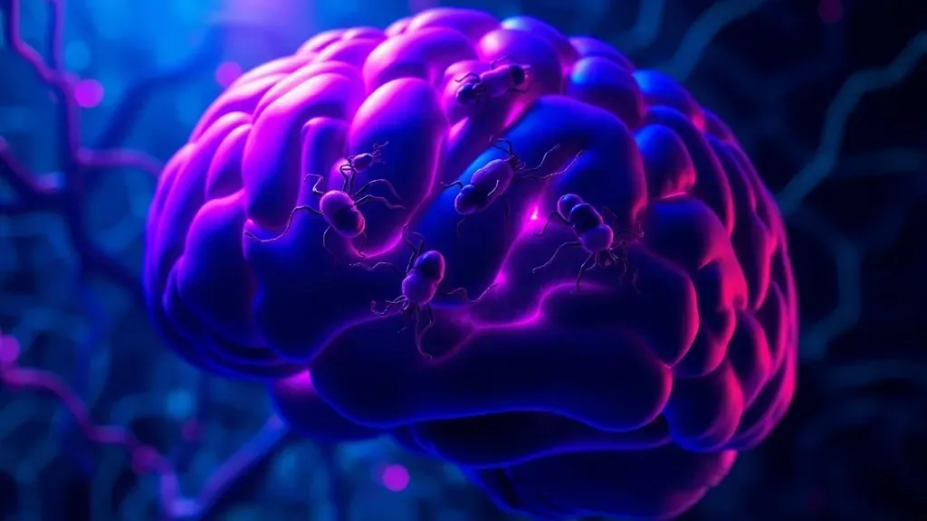 Representación artística y científica de parásitos microscópicos alojados en la estructura neuronal del cerebro humano.