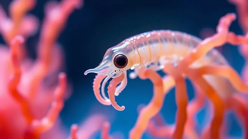 Imagen macroscópica de una hidra de agua dulce, un organismo translúcido con tentáculos largos y delicados flotando en un entorno acuático.