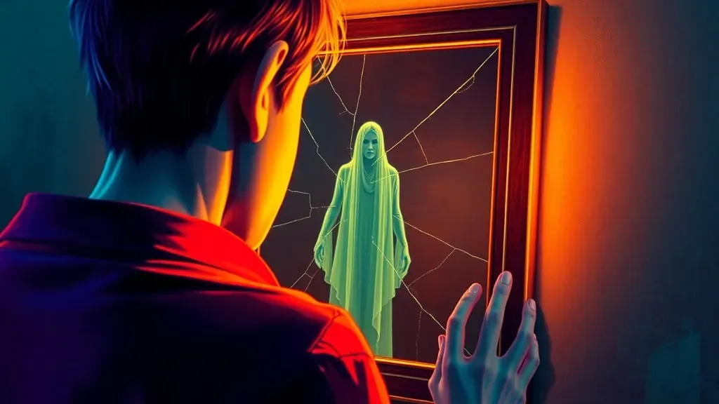 Una representación artística y surrealista de una persona mirándose en un espejo agrietado viendo un reflejo fantasmal, simbolizando el síndrome de Cotard.