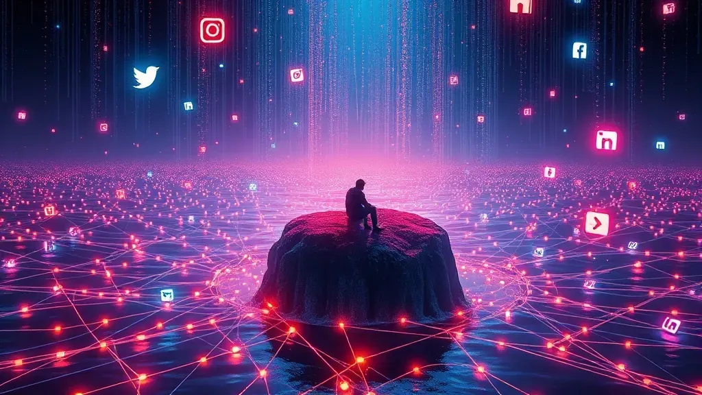 Una persona solitaria sentada en una pequeña isla rodeada por un océano digital de cables de fibra óptica e iconos de redes sociales.