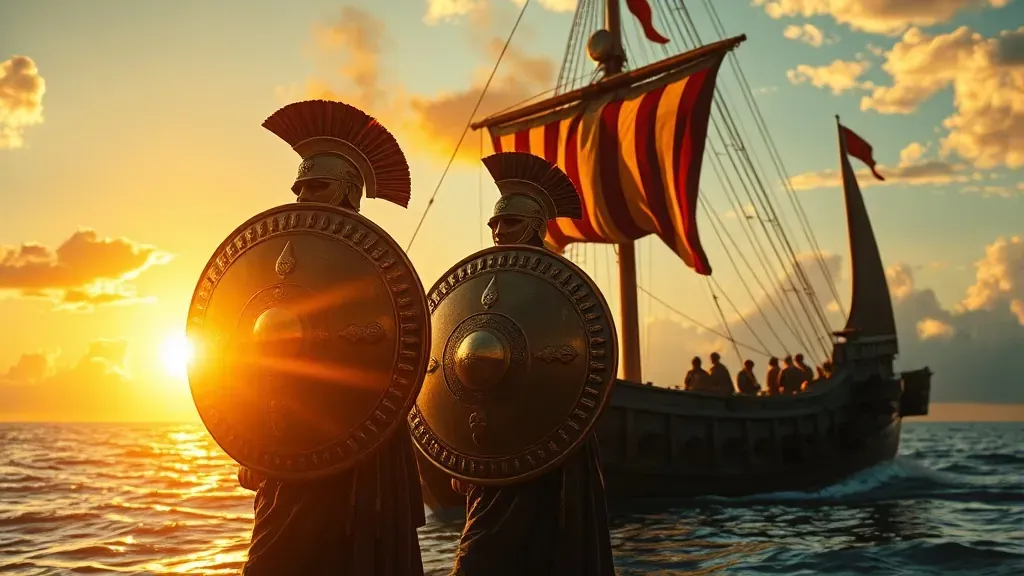 Ilustración épica de soldados griegos usando escudos pulidos como espejos para incendiar un barco enemigo en el mar bajo la luz del sol.