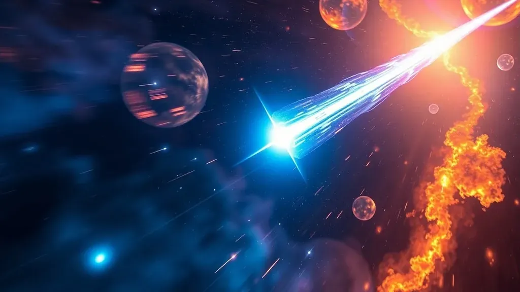 Una estrella brillante y azul viajando a gran velocidad dejando una estela de gas luminoso en el vacío del espacio, lejos de una galaxia espiral.
