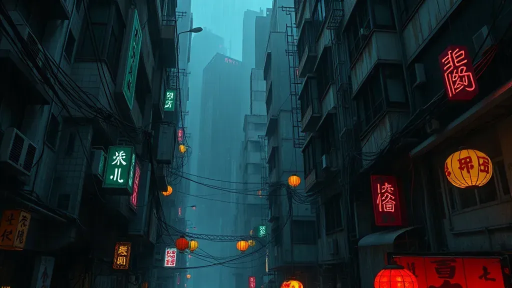 Vista panorámica de la Ciudad Amurallada de Kowloon con edificios densos, cables eléctricos enredados y carteles de neón bajo una atmósfera oscura.