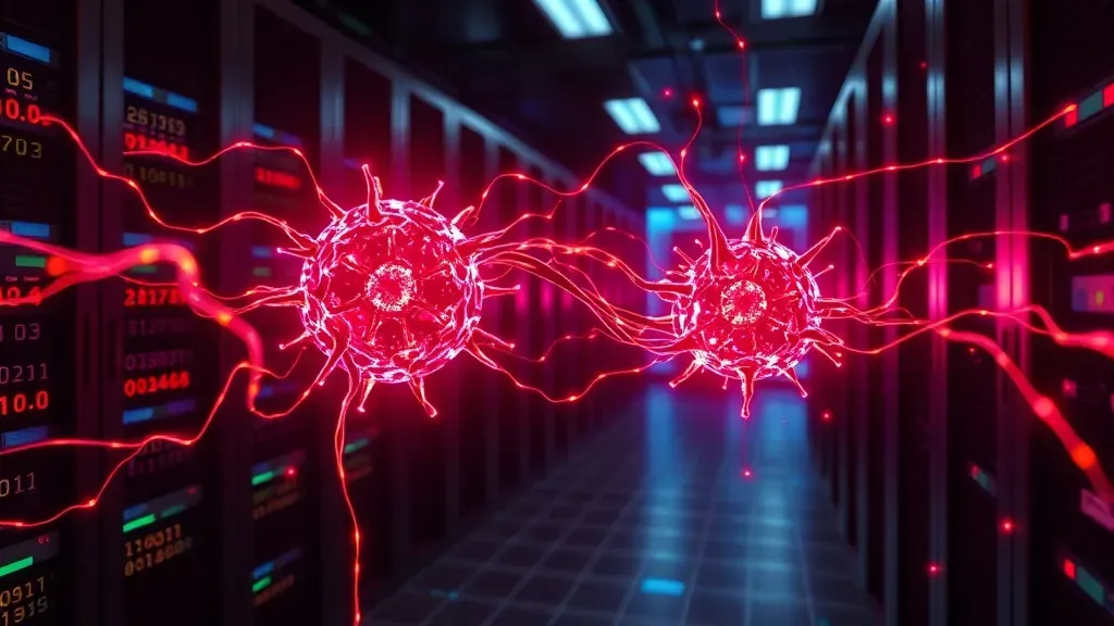 Representación visual de dos nodos de inteligencia artificial conectados por hilos de datos brillantes que forman códigos binarios y símbolos abstractos en un entorno tecnológico oscuro.