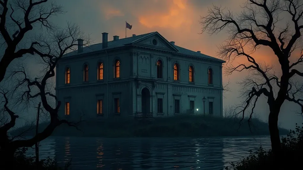 Fotografía de una isla abandonada con un edificio en ruinas rodeado de niebla en Venecia, transmitiendo una atmósfera de misterio y terror.