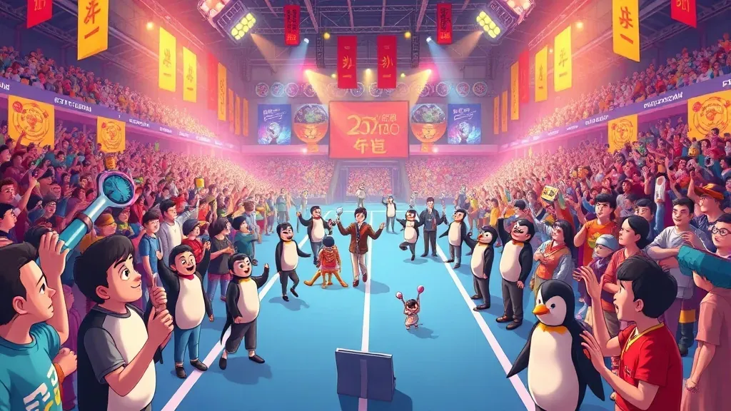 Imagen cómica y colorida que muestra a personas compitiendo en récords mundiales absurdos y divertidos en una arena de eventos.
