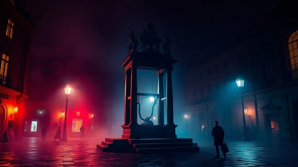 Ilustración artística de una guillotina en una plaza francesa bajo la niebla, con un estilo histórico y dramático.