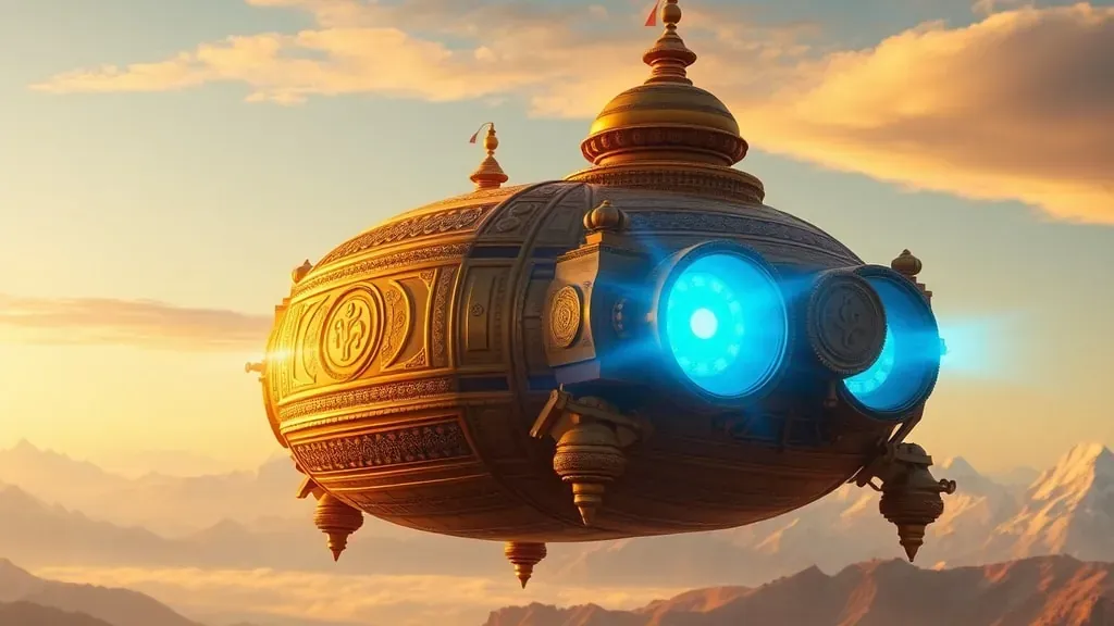 Una nave antigua Vimana sobrevolando las montañas del Himalaya bajo una luz dorada de atardecer, con grabados detallados y tecnología de luz brillante.