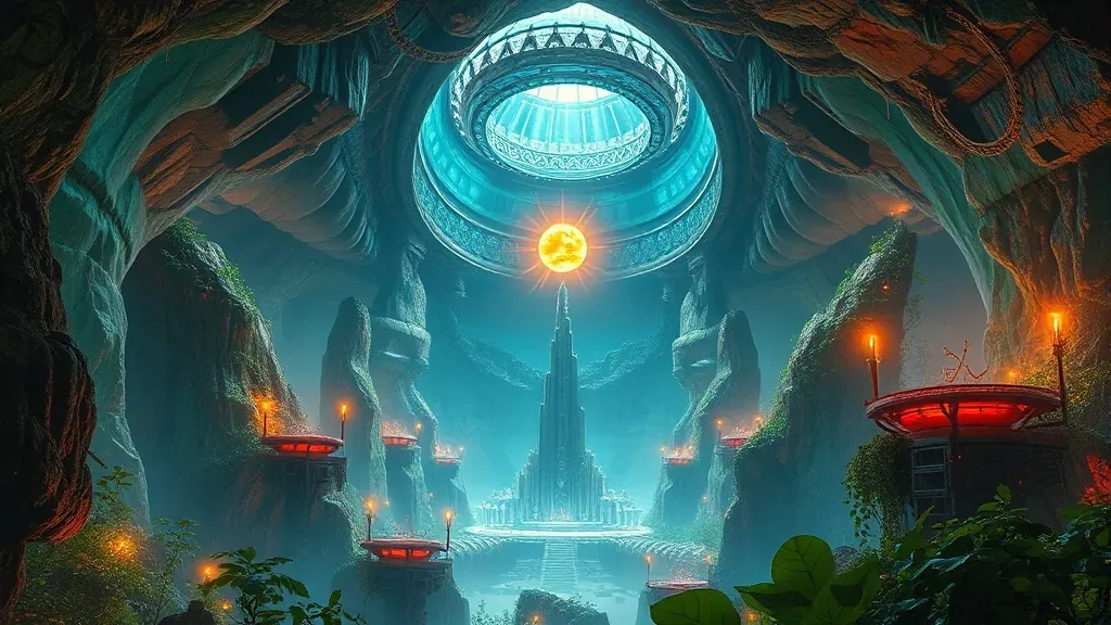 Representación artística de una ciudad futurista y bioluminiscente situada en el interior de una caverna gigante bajo la superficie terrestre.